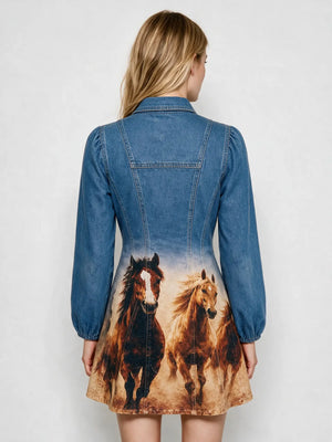Izz Western Horse Print Denim Dress