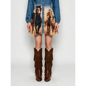 Izz Western Horse Print Denim Dress