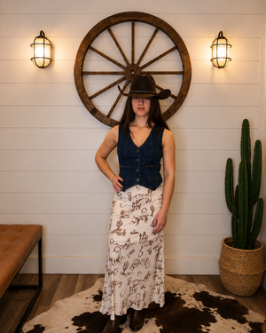 Lunaria Western Print Lace Midi Skirt