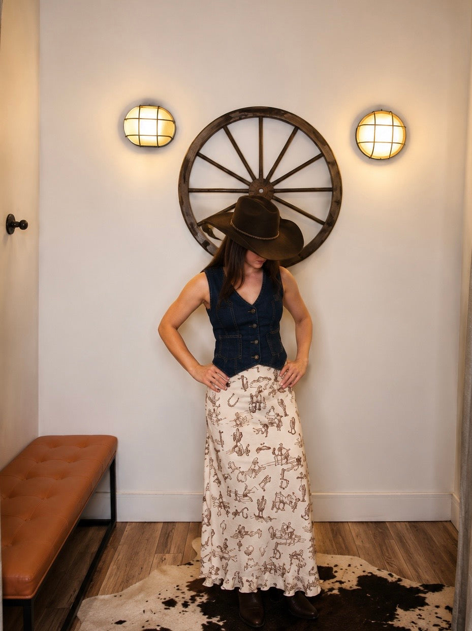 Lunaria Western Print Lace Midi Skirt