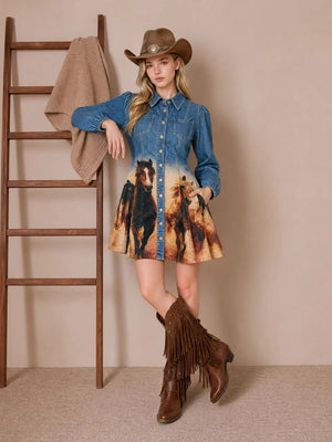 Izz Western Horse Print Denim Dress
