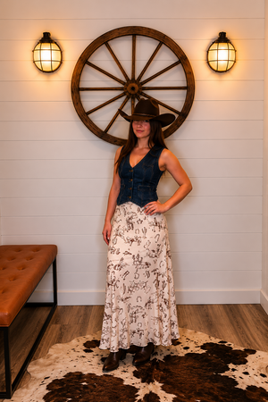 Lunaria Western Print Lace Midi Skirt