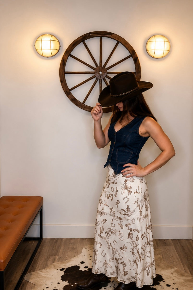 Lunaria Western Print Lace Midi Skirt