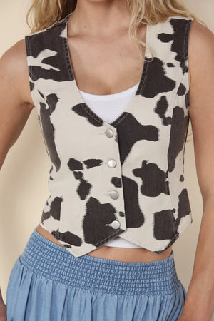 Ellasyn Cow Print Denim Vest