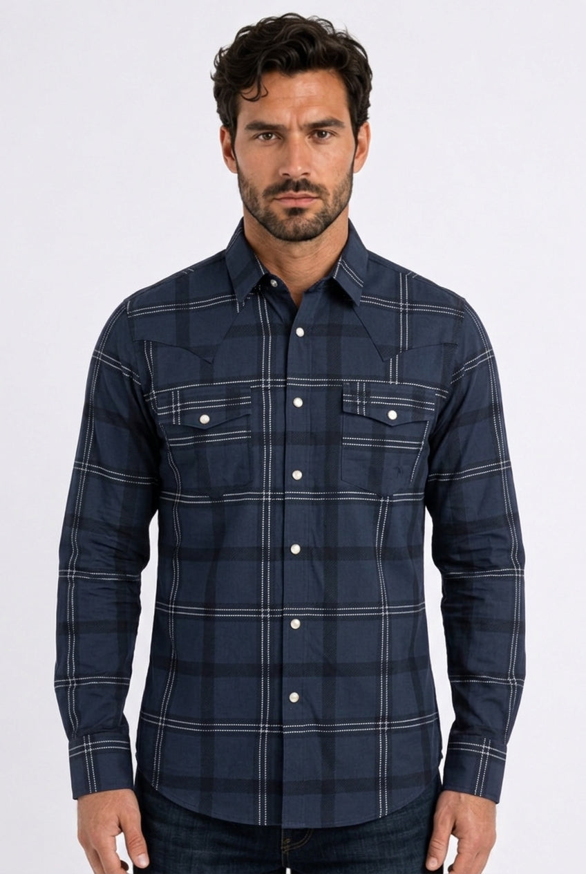 Sterling Navy Plaid Western Shirt