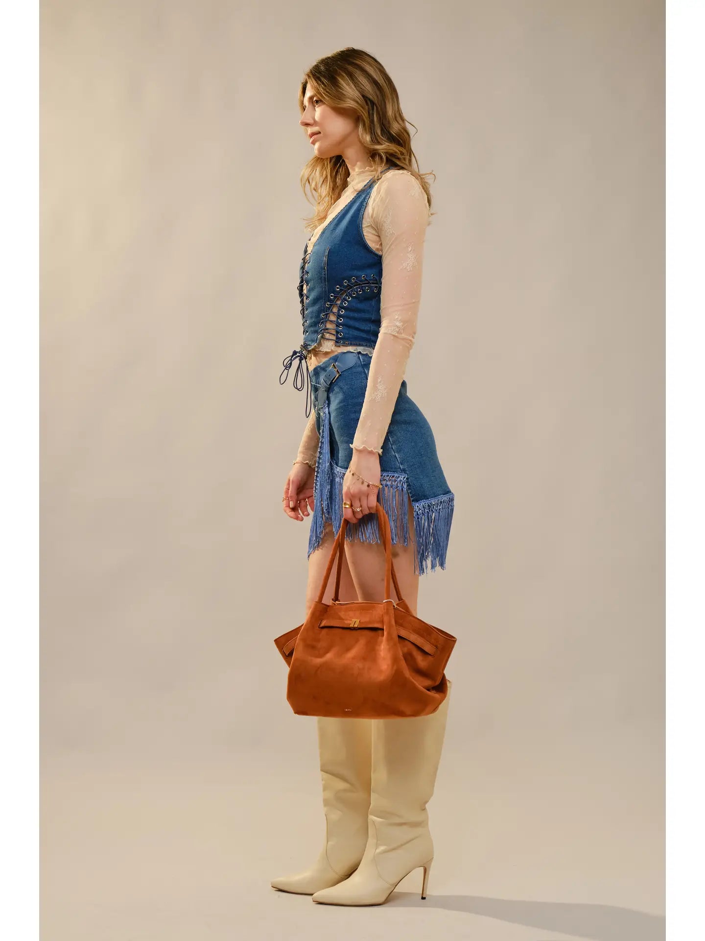 Yvonne Fringe Wrap Denim Skirt