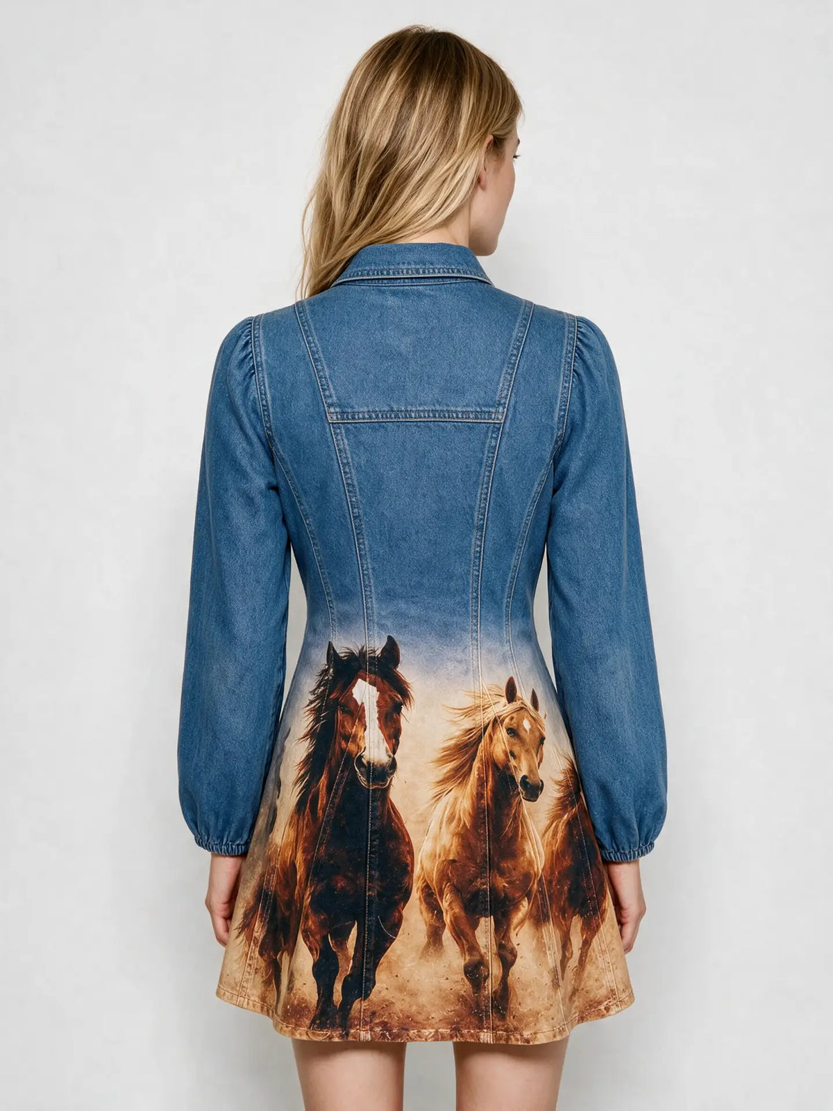 Izz Western Horse Print Denim Dress