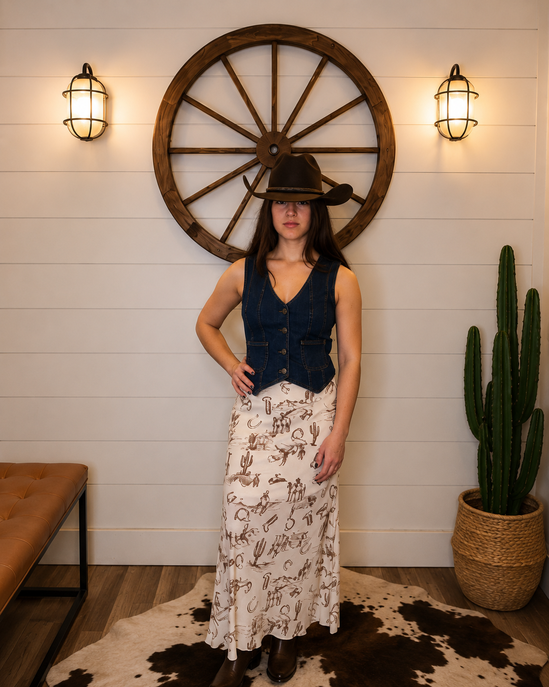 Lunaria Western Print Lace Midi Skirt