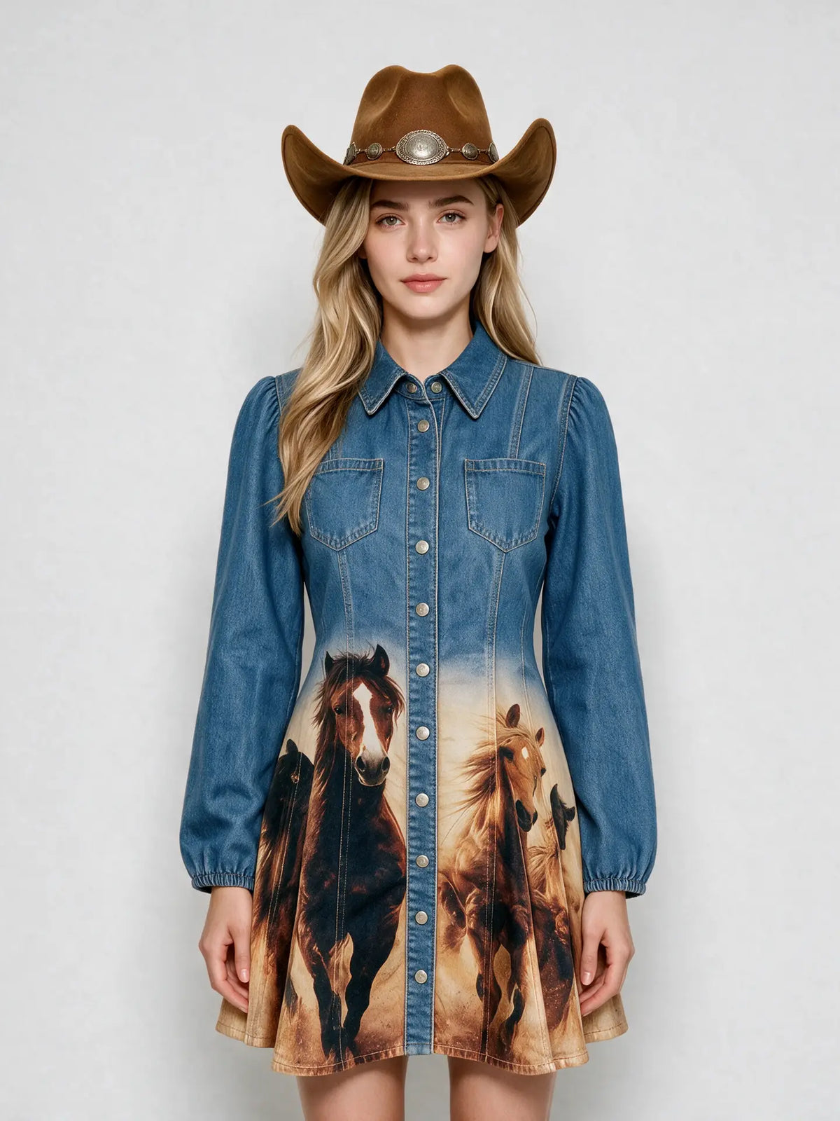 Izz Western Horse Print Denim Dress