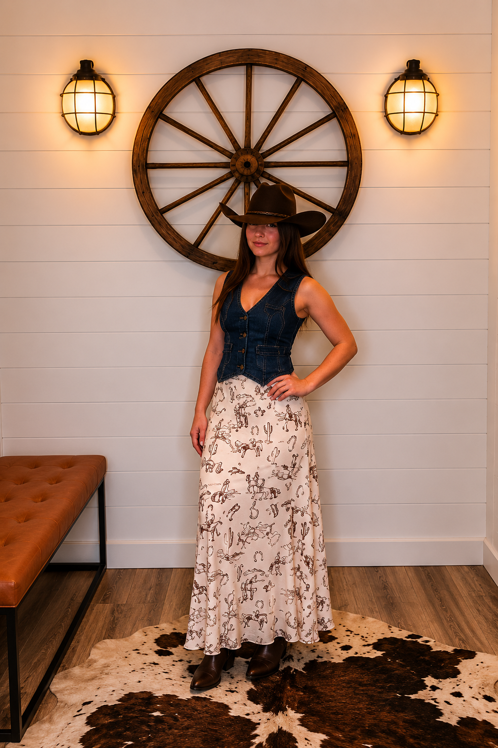 Lunaria Western Print Lace Midi Skirt