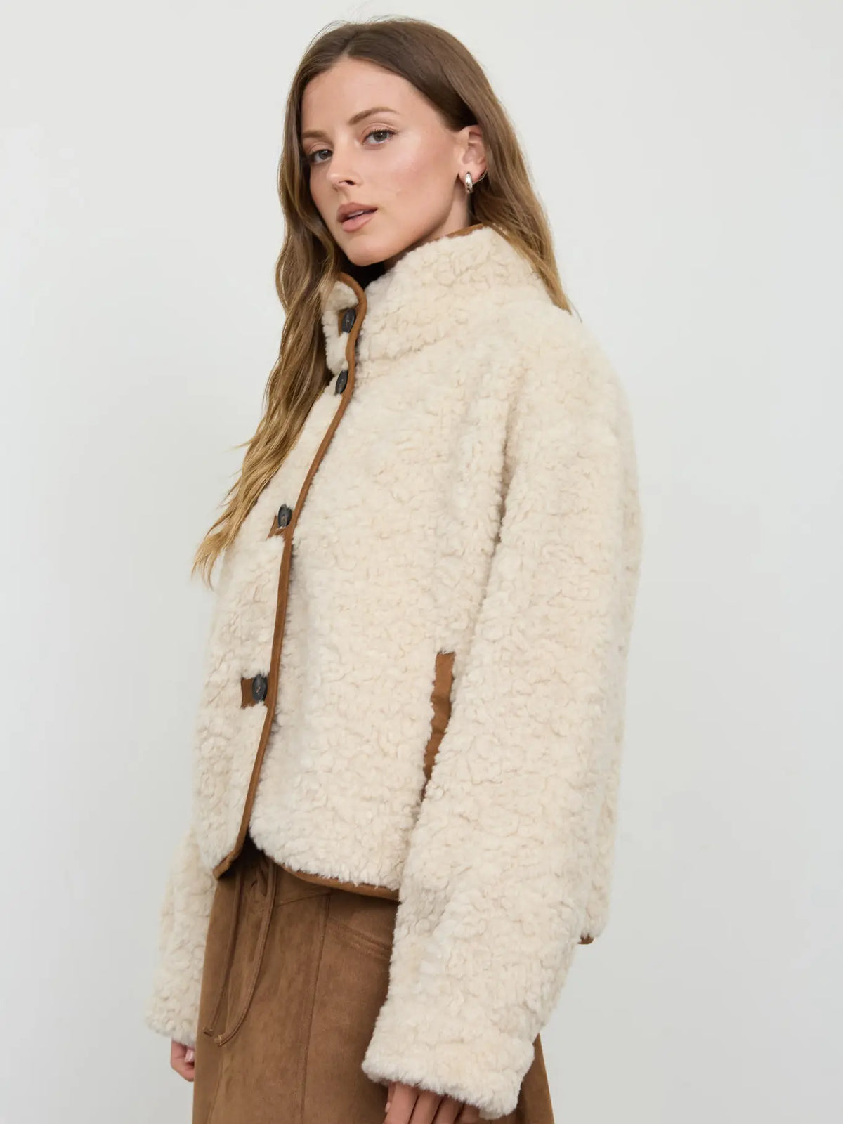 Pearl Sherpa Suede Button Down Jacket