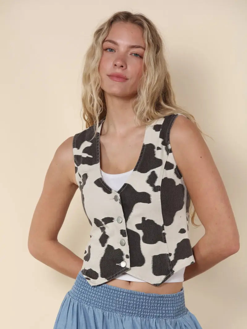 Ellasyn Cow Print Denim Vest