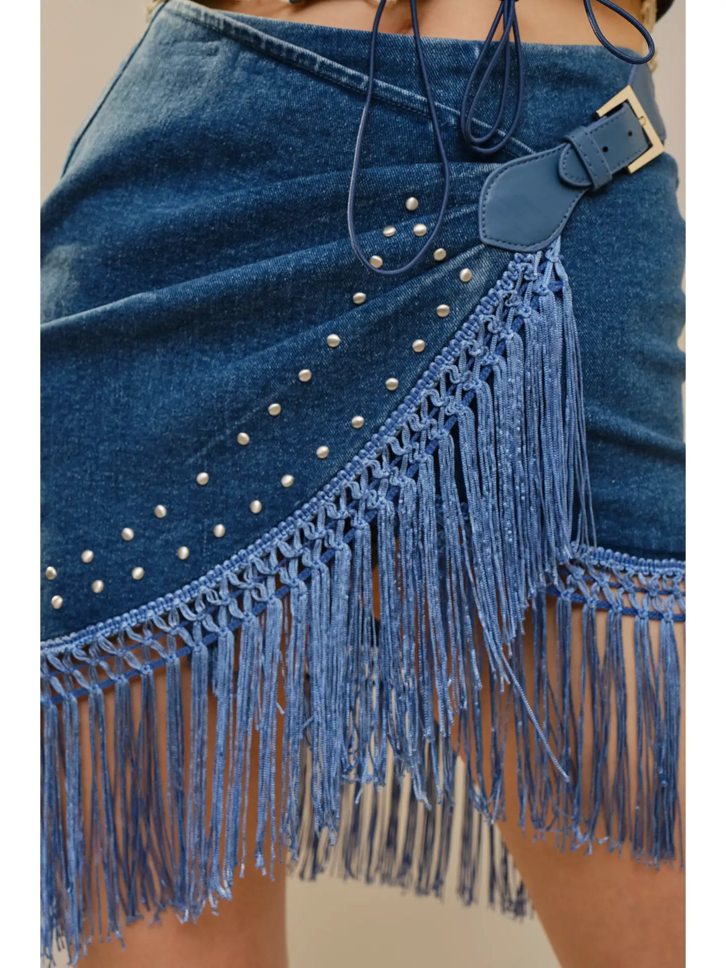 Yvonne Fringe Wrap Denim Skirt